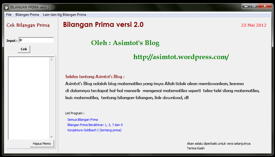 Versi baru software Bilangan Prima Asimtot (versi 2.0)